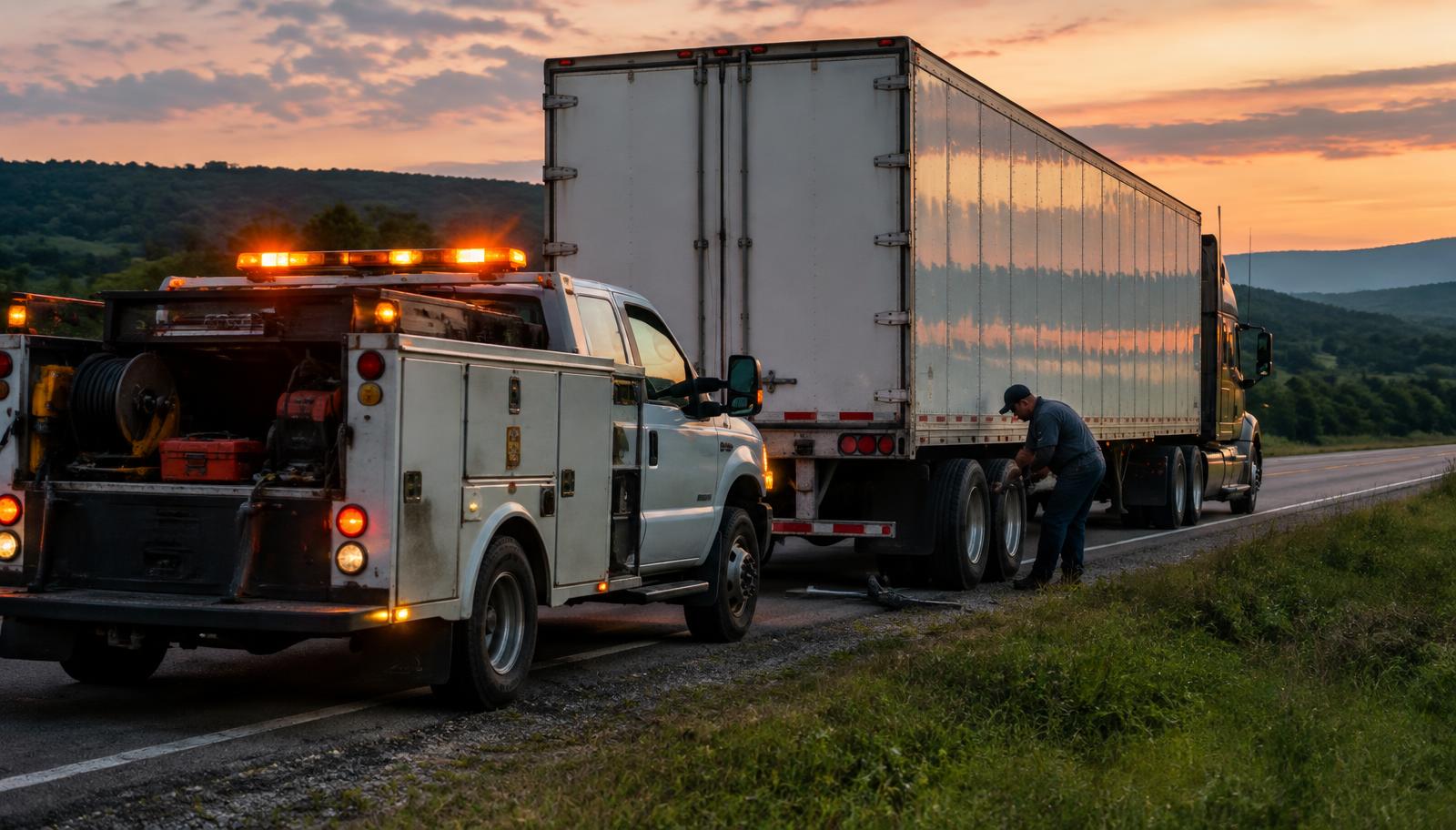 JNH mobile service truck repairing a semi-trailer on a highway near Henagar, Alabama
